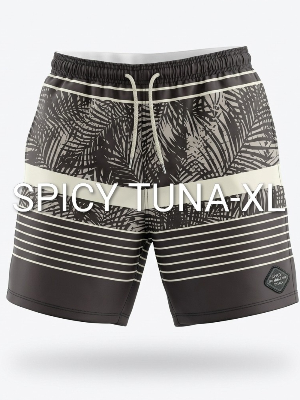Spicy Tuna Men's Black & Cream Palm-Striped Swim Trunks